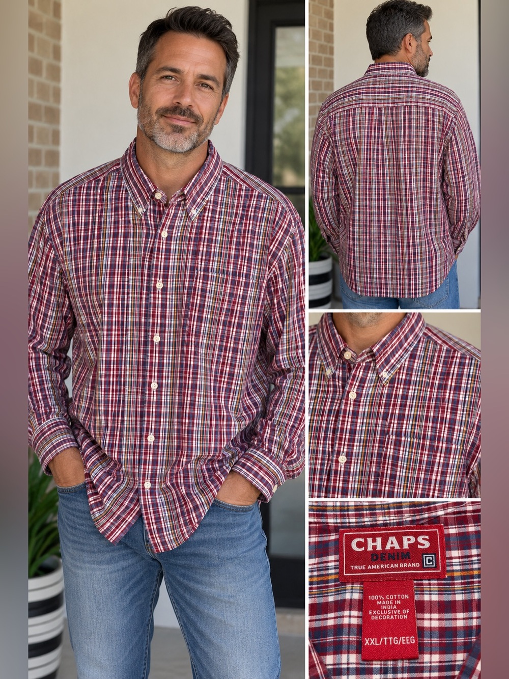 CHAPS Denim Men’s XXL Red Plaid Button Down Shirt 100% Cotton